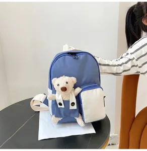 Carino zaino dettaglio orsetto cartone animato asilo bambini blu bianco snack borsa
