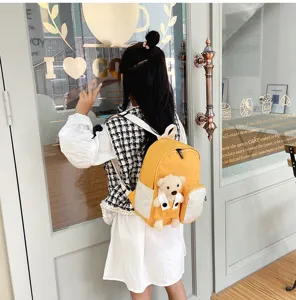 Zaino giallo per bambini con orsetto di peluche, piccola borsa scolastica per asilo e viaggi.
