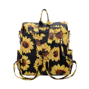 Donna moda stampa girasole nero pelle zaino casual da viaggio scuola borsa giorno