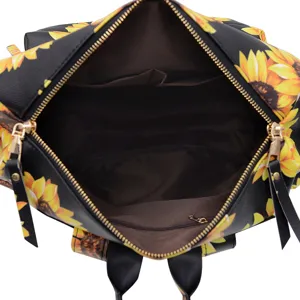 Donna moda stampa girasole zaino in pelle nera casual da viaggio borsa giornaliera