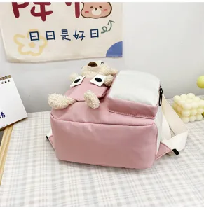 Zaino per bambini rosa in tela con dettaglio di orsacchiotto di peluche borsa casual graziosa