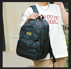 Stylish men's camo backpack with multiple pockets, durable fabric, ideal for school and daily use.