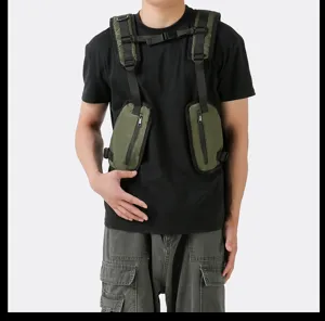 Close-up of tactical chest bag detail view, multi-pocket utility rig, durable outdoor vest.