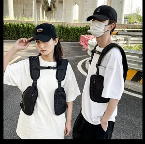 Multifunctional tactical chest bag harness vest for outdoor sports, breathable and large capacity.