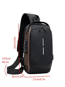 Men's woven anti-theft sling bag with USB charging port and password lock, casual black chest pack.