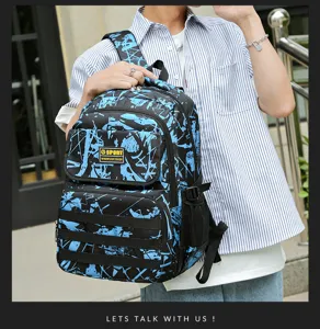 Stylish casual travel backpack with blue abstract print, large capacity, outdoor use.