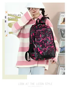 Sac à dos de mode décontracté avec impression graffiti rose et noir, grand sac d'école quotidien.