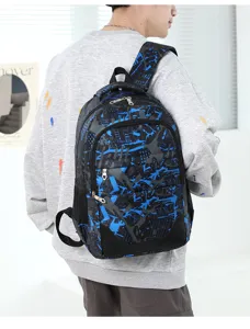 Sac à dos décontracté avec impression graffiti bleue, grande capacité pour l'école et voyage.
