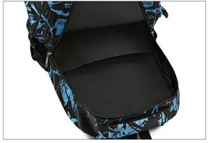 Detailed view of casual travel backpack interior compartment with blue abstract print waterproof fabric.
