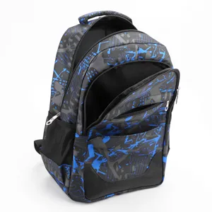 Grand sac à dos scolaire décontracté pour étudiants, design graffiti bleu et noir stylé.