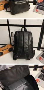 Vue détaillée du sac à dos minimaliste en cuir PU noir, idéal pour les voyages et l'école.