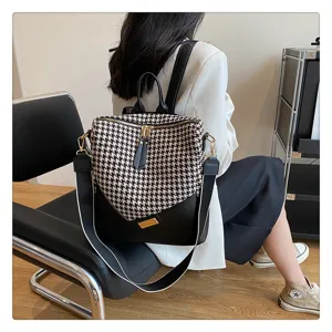 Stijlvolle dames rugzak met houndstooth patroon veelzijdige PU lederen tas zwart wit
