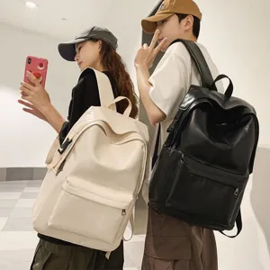 Sac à Dos Grande Capacité en Cuir PU Minimaliste Cartable Japonais Décontracté École Unisexe Sac bandoulière Voyage Couleur Unie pour Étudiants