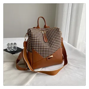 Vintage houndstooth patchwork rugzak grote capaciteit vrouwen casual tas stijlvol mooi