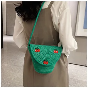 Borsa a tracolla intrecciata di paglia verde da donna, borsa ciliegia estiva casual.