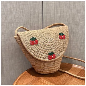 Borsa a tracolla in paglia estiva da donna, graziosa borsa da spiaggia con ricamo ciliegie.