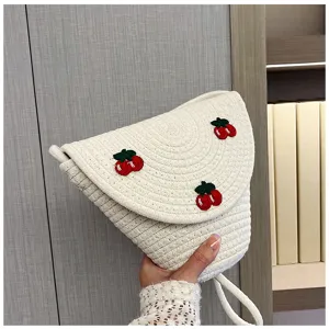 Borsa a tracolla in paglia intrecciata da donna borsa da spiaggia estiva con ricamo di ciliegie.