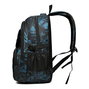 Blue and black camouflage backpack for men, multi-compartment casual daypack with mesh pockets.