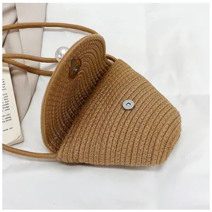 Borsa a tracolla in paglia intrecciata da donna, borsa estiva da spiaggia con perla.
