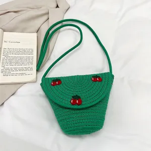 Borsa a tracolla estiva in paglia intrecciata da donna, carina ricamo ciliegia borsa verde.