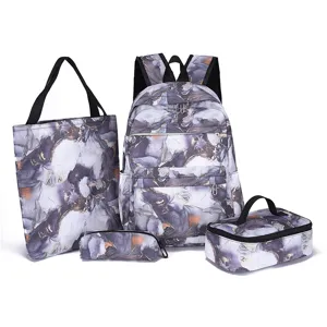 4-delige casual marmer print rugzak set, inclusief schoolrugzak, tote bag, lunchtas en etui.