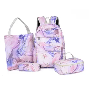 4-delige rugzak set met marmerprint inclusief shopper, lunchtas en etui voor school.