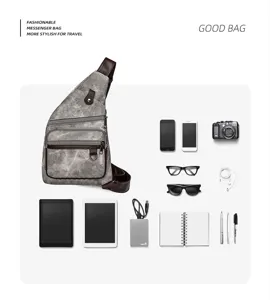 Casual canvas sling chest bag with multiple zipper pockets for daily outdoor travel.