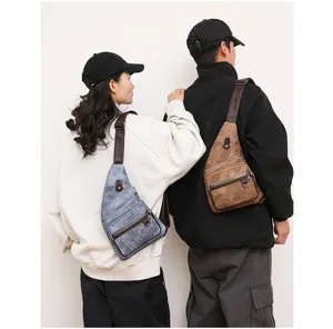 Detail view of casual chest bag and sling bag featuring multi-pocket design and strap.
