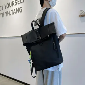 Casual minimalist black roll-top backpack, large capacity campus student school bag.