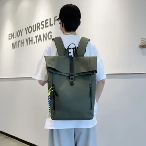 Casual solid color roll-top backpack for students, large capacity daypack with pockets.