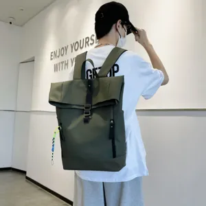 Casual green roll-top backpack with large capacity, perfect for college students and daily travel.