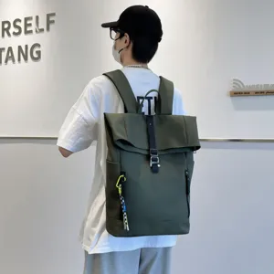 Casual solid color large capacity roll top backpack student school bag dark green style