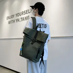 Casual minimalist dark green roll-top backpack large capacity waterproof daily school bag