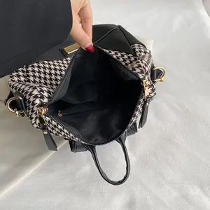 Dames mode houndstooth rugzak PU leer casual retro grote capaciteit schooltas