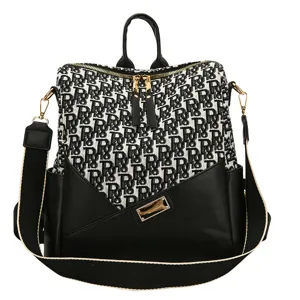Stijlvolle zwarte en witte monogram rugzak voor dames casual multifunctionele schoudertas