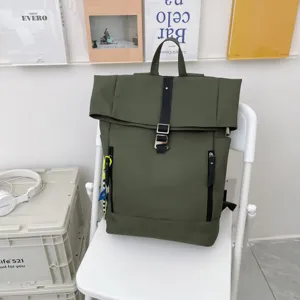 Green waterproof rolltop casual backpack detail view, large capacity student daily school bag.