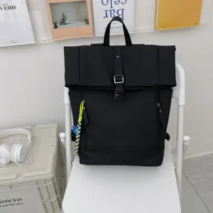 Minimalist black college backpack detail, large capacity rolltop daypack with secure buckle.