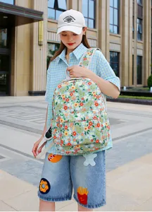 Floral canvas backpack for school students large capacity casual daypack with front pocket