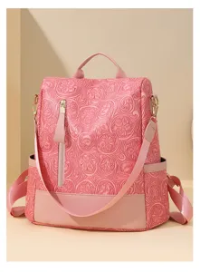 Rosa blumengeprägter PU-Leder Damenrucksack mit Reißverschlusstasche, stylische Freizeittasche.