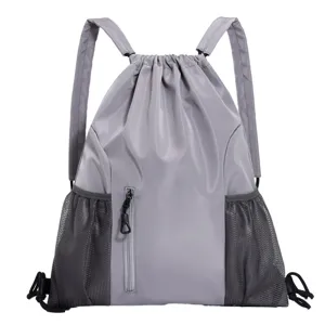 Grauer Oxford-Stoff Kordelzug Rucksack mit Netztaschen an der Seite und Frontfach für Schule.