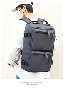 Detailansicht des dunkelgrauen Multifunktions-Rucksacks mit praktischen Fächern und verstellbaren.