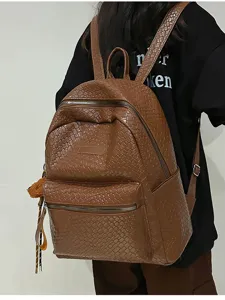 Unisex gewebter PU-Leder Rucksack für Damen und Herren, modische große Freizeit Reise Schultasche.