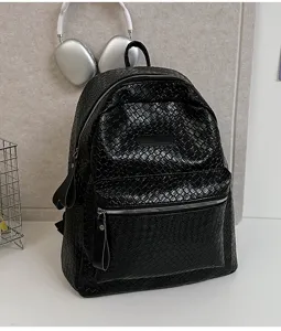 Unisex schwarzer gewebter PU-Leder-Rucksack, lässige modische Schultasche für Reise und Alltag.
