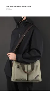 Canvas Umhängetasche Detailansicht mit robusten Vordertaschen und verstellbarem Gurt.