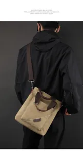 Detailansicht der Freizeittasche aus Leinen mit robustem Gurt und Vordertaschen-Design.