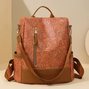 Modischer geprägter PU Leder Damen Rucksack Retro Blumen lässige multifunktionale Handtasche