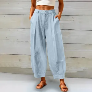 Light blue loose fit cropped harem pants with high waist and pleated details