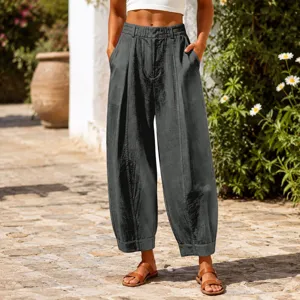 Casual high-waisted dark grey harem pants for women featuring a loose fit and pleated detail