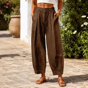 High waisted loose solid brown cropped harem pants with textured fabric for casual wear