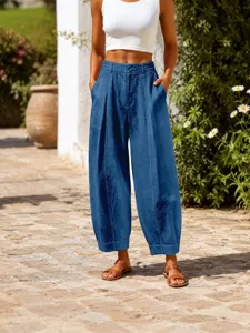 Loose fit blue cropped harem pants for women featuring a comfortable casual summer style